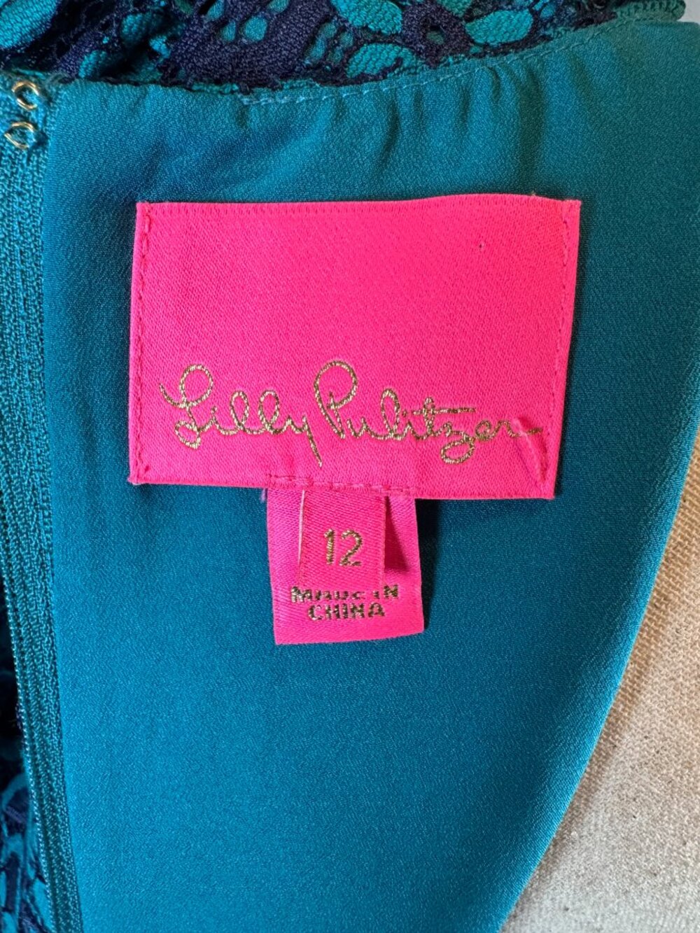 Lilly Pulitzer Georgi Lace Shift Dress Size 12 Valencia Teal Navy Carnival Lace - Picture 7 of 10